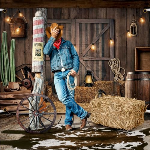 Hoteam 3 Pcs Western Cowboy Party Decor Straw Hay Bale Stack Wooden Wagon Wheel Cowhide Rug Wild West Cowboy Backdrop Supplies for Western Birthday Photo Booth Props Cowgirl Farm Accessories