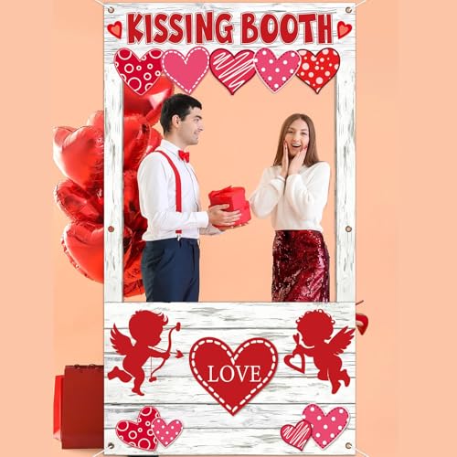 Valentine's Day Party Decorations Kissing Booth Theme Photo Booth Props Cupid Love Heart Banner Valentine Picture Frame for Couple Restaurant Wedding Backdrop Valentines Theme Party Favors Supplies