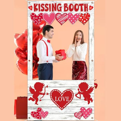 Valentine's Day Party Decorations Kissing Booth Theme Photo Booth Props Cupid Love Heart Banner Valentine Picture Frame for Couple Restaurant Wedding Backdrop Valentines Theme Party Favors Supplies