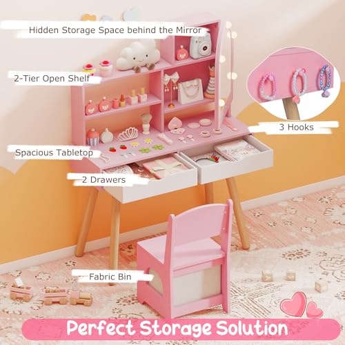 Costzon Kids Vanity with Lights, Girls Vanity Set with Mirror Cabinet, Storage Drawers, Hooks & Shelves, Toddler Makeup Vanity Desk Dressing Table, Wooden Kids Vanity Table and Chair Set (Pink) - style: Pink with Mirror Cabinet