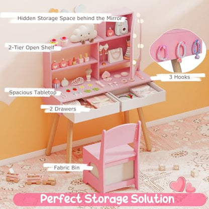 Costzon Kids Vanity with Lights, Girls Vanity Set with Mirror Cabinet, Storage Drawers, Hooks & Shelves, Toddler Makeup Vanity Desk Dressing Table, Wooden Kids Vanity Table and Chair Set (Pink) - style: Pink with Mirror Cabinet