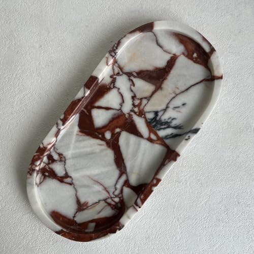 Natural Marble Oval Tray Ornaments Vintage Small Tray Storage Dish for Counter, Vanity, Dresser, Nightstand and Desk (Calacatta Red) - color: Calacatta Red