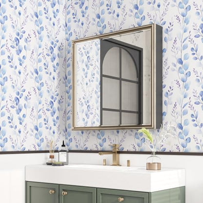Extra Long Boho Blue Leaves Contact Paper, 17.5In x 393In Casual Eucalyptus Botanical Peel and Stick Wallpaper for Bedroom Cubicle Kitchen, Vinyl Natural Foliage Mural Self Adhesive Wall Paper - color: White/Pale Blue, size: 17.5" x 393"