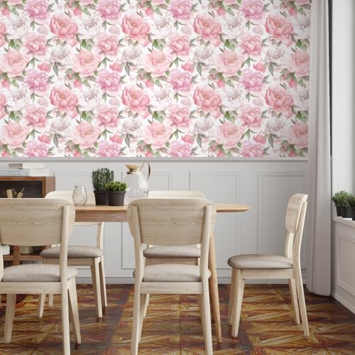 Laatse Pink Floral Contact Paper 17.5" x 393" Peel and Stick Wallpaper Vintage Rose Vinyl Self Adhesive Waterproof Boho Wall Paper for Drawers Bookcase Shelf Liner Countertop Walls Decor - color: Pink&White, size: 17.5" x 393"