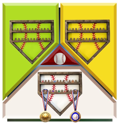 Baseball Softball Basketball Ring Holder - 24 Ring Post Wooden Display Case for Sports Medals - Wall Mount (Yellow) - color: Yellow