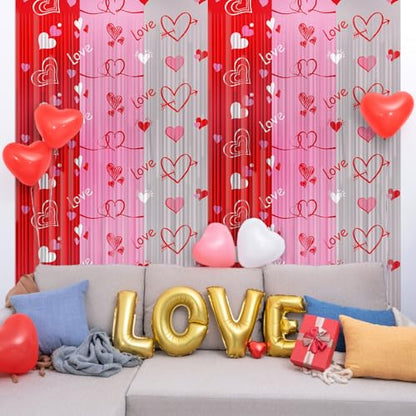 2PCS Valentines Foil Fringe Curtains Backdrop Valentines Party Decor Pink Red Silver Streamers Heart Shape Tinsel Foil Fringe Curtain for Valentine's Day Galentines Day Photo Props Wedding, 3.3x6.6ft - style: Heart