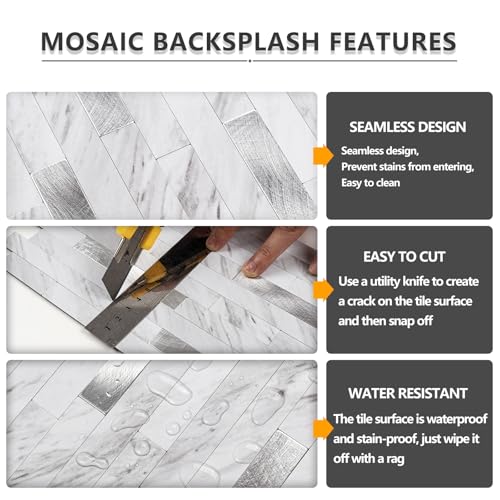 STICKGOO 20 Sheets Peel and Stick Backsplash Tile, Stick on Backsplash for Kitchen and Bathroom, White Marble Look PVC Mixed Metal Silver Self Adhesive Wall Tiles - color: White Marble + Metal Silver