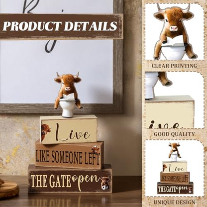 Geelin 4 Pcs Highland Cow Bathroom Decorations Bathroom Wooden Table Centerpiece Blocks Highland Cow Tiered Tray Decor Live Like Someone Left The Gate Open Sign for Indoor Home Desk Room Shelf Decor - style: Highland Cow