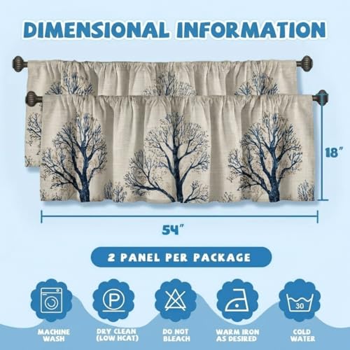 Minimalist Tree Curtain, Two-Pack, Indigo Branch Linen Botanical Pattern,Applicable to Bathroom, Bedroom, 54x18 inches. - color: Minimalist Tree