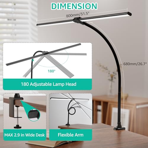 ShineTech LED Desk Lamp for Home Office, 4000K Neutral White Double Head Architect Task Lamps with Clamp, Dimmable Adjustable Flexible,Black - color: 4000K- Cool White