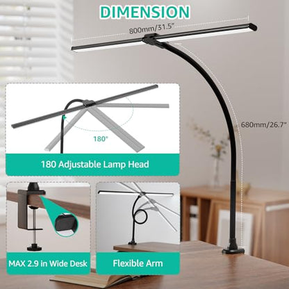 ShineTech LED Desk Lamp for Home Office, 4000K Neutral White Double Head Architect Task Lamps with Clamp, Dimmable Adjustable Flexible,Black - color: 4000K- Cool White