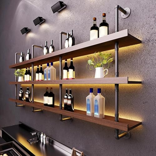 Solid Wood Wine Racks Wall Mounted with LED Lights, Metal Wine Bottles Display Shelf, Industrial Floating Lighted Bar Shelves Liquor Rack for Home & Dining Room (120cm/47.2in) - size: 47.2 inches