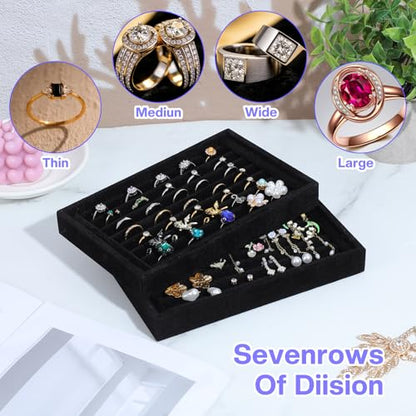 MAQUITA 6 Pcs Jewelry Ring Tray 7 Slots Ring Organizer Stackable Holder for Jewelry Display Drawer Insert for Dresser Earring, Black