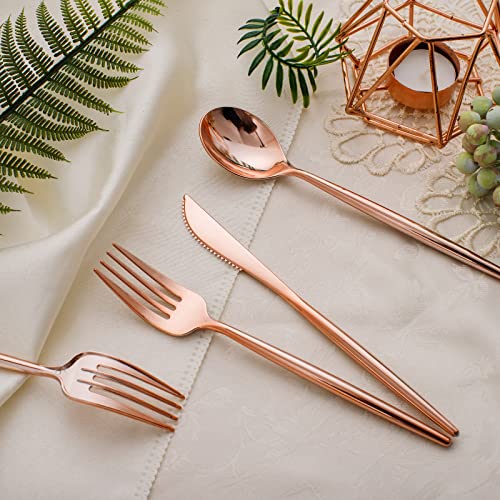 SUT 150Pcs Rose Gold Plastic Silverware, Disposable Cutlery Set, Heavy Duty Plastic Flatware Set，Disposable Rose Gold Utensils Include 50 Forks,50 Spoons, 50 Knives Perfect for Party - style: Rose gold