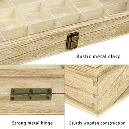 Mooca Wooden Display Storage Case with Tempered Glass Lid for Jewelry and Beads with 18 Compartments Tray, Oak Color, 15" W x 8 3/4" D x 2" H - color: Oak