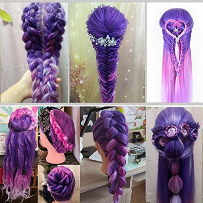 Mannequin Head with Hair, Beauty Star Doll Head for Styling, 29" Long Syntheic Hair Cosmetology Hairdressing Training Practice Manikin Head with Clamp Stand and Braiding Kit for Girls - color: Pink & Purple