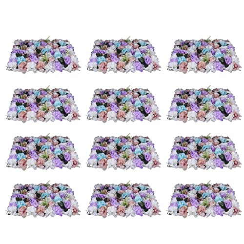 LOYALHEARTDY 12 Pack Artificial Flower Wall Panels 24" x 16" Purple & White Faux Roses Artificial Flower Backdrop Panels for Wedding Party Event Flower Wall Decor - color: 12 Pcs, Purple+white+blue