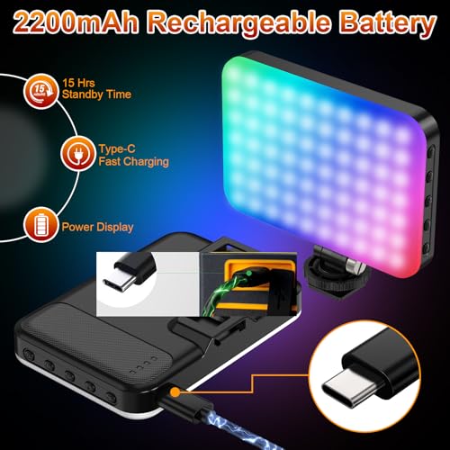 Hagibis RGB Video Light, 360° Full Color Selfie Light LED Camera Light with 3 Cold Shoe Mounts/CRI 97+/20 Scene Modes/2200mAh Rechargeable Portable Phone Light Photography Selfie Lighting - color: RGB