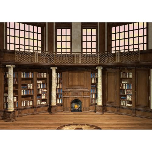 Library Backdrop Old Mansion with Wooden Walls Marble Columns Photography Background Fireplace with Sparkling Fire Backdrops Luxury Library Interior Bookshelf Backgrounds Decor Props 7x5ft - color: Brown, size: 7x5ft