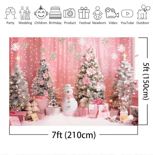 Mocsicka 7x5ft Pink Christmas Backdrop Snowflake Xmas Tree Interior Room Photography Backdrop Background Family Kids Merry Christmas Holiday Party Decorations Photo Booth Props