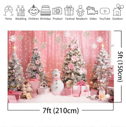 Mocsicka 7x5ft Pink Christmas Backdrop Snowflake Xmas Tree Interior Room Photography Backdrop Background Family Kids Merry Christmas Holiday Party Decorations Photo Booth Props