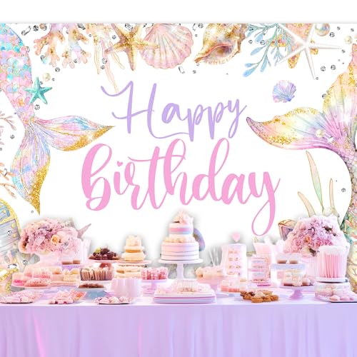 Mermaid Happy Birthday Backdrop 7Wx5H Feet Fabric Polyester Ocean Beach Sea Fish Tail Coral Summer Jewelry Diamond Seashell Marine Girly Photography Background Banner Photo Shoot Decor Prop - color: F 01ocean, size: 7Wx5H