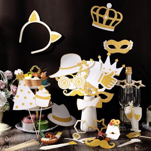 Zonon 24 Pcs Funny Photo Booth Props Class of 2026 Graduation Birthday Wedding Family Class Reunion Prom Disco Party Celebration Decoration Supplies Mix of Hats, Lipstick, Tie(White and Gold) - color: White and Gold