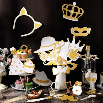 Zonon 24 Pcs Funny Photo Booth Props Class of 2026 Graduation Birthday Wedding Family Class Reunion Prom Disco Party Celebration Decoration Supplies Mix of Hats, Lipstick, Tie(White and Gold) - color: White and Gold