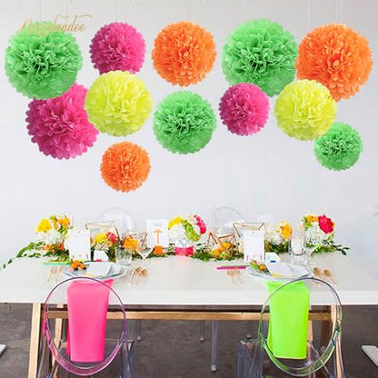 NICROLANDEE Blacklight Party Decorations - 12 PCS Fluorescent Neon Tissue Paper Pom Poms for Birthday, Wedding, Baby Shower, Glow-in-The-Dark, Neon, Prom Dance Party Photography - style: Neon