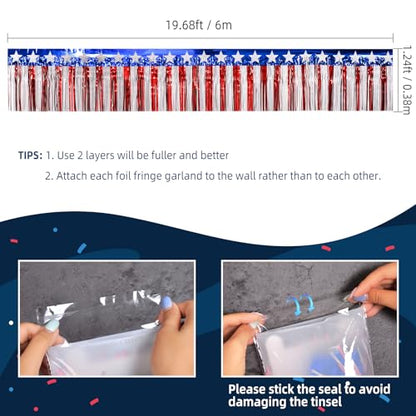 Mega-L 4th of July Decorations 2 Pack 40 Feet Foil Fringe Garland Tinsel Streamers, Red White and Blue Star Metallic Hanging Backdrop Banner Table Skirts for Parade Floats Memorial Day Patriotic Party