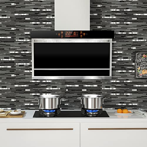 Midcard 20 Sheets Peel and Stick Backsplash, Black Grey Wood Look PVC Mixed Metal Stick on Backsplash Tiles for Kitchen - color: Black Grey Wood with Metal Silver, size: 20