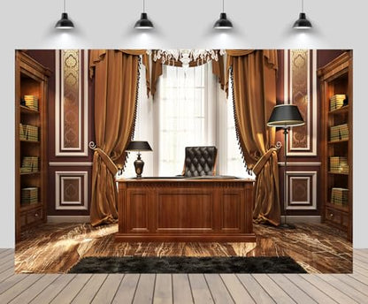 12x8ft Luxury Wood Home Office Backdrop Retro Classic Desk Chandelier Bookshelf Window Library Video Conference Background Business Conversation Room Video Recording Zoom Calls Photo Props - size: 12x8FT