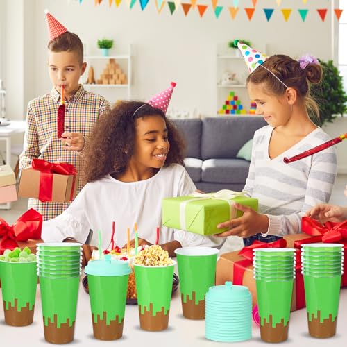 48 Pack Pixel Party Favors Goodie Cups Video Game Birthday Party Cups 16 oz Reusable Pixel Game Themed Plastic Cup with Lid Plugs for Gamer Pixelated Birthday Shower Decorations