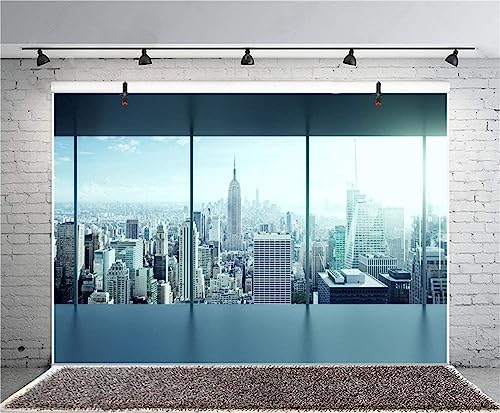 AOFOTO 12x8ft Business Office Sash Window Backdrop French Window Photography Background Empty Casement Work Modern City Building New York Skyscraper Photo Studio Prop Success Job City Landscape Vinyl - size: 12x8ft