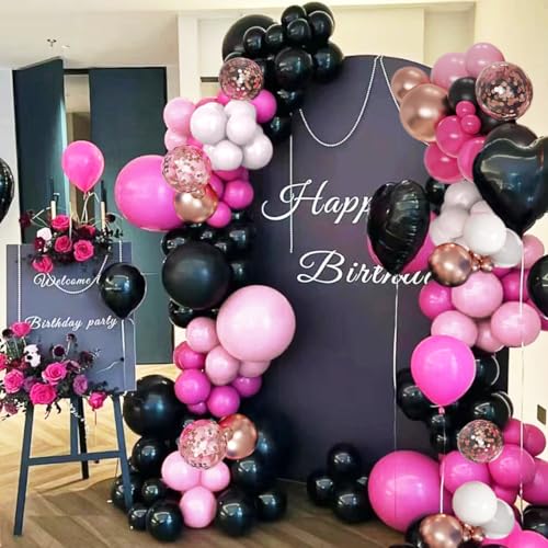 MEBAY Hot Pink Black and Gold Balloon Arch Kit, 141Pcs Rose Red Black Dusty Rose Gold Metallic Pastel Pink White Balloons for Birthday Wedding Bachelorette Gender Reveal Anniversary - color: 141-hot Pink