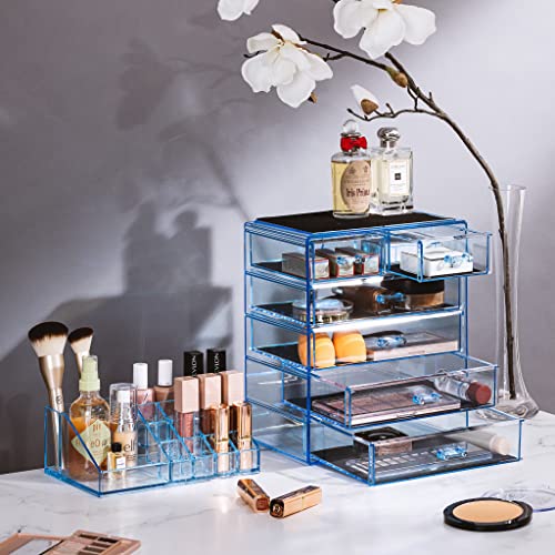 Sorbus Acrylic Makeup Organizer Set, 6-Drawer Vanity & Countertop Cosmetic Storage with Small & Wide Compartments, Blue Brilliance Makeup Storage for Brushes, Jewelry – Holiday Gift for Women & Teens - color: Blue Brilliance, size: 4 Large, 2 Small Drawer