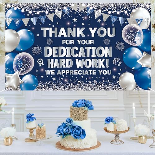 Vlipoeasn We Appreciate You Banner Decorations, Blue Silver Thank You for All You Do Backdrop Banner Honeycomb Centerpieces, Retirement Office Decor Staff Teachers Professors Doctor Nurses - style: Bue Silver