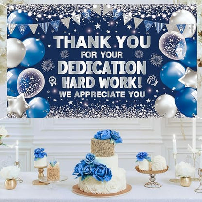 Vlipoeasn We Appreciate You Banner Decorations, Blue Silver Thank You for All You Do Backdrop Banner Honeycomb Centerpieces, Retirement Office Decor Staff Teachers Professors Doctor Nurses - style: Bue Silver