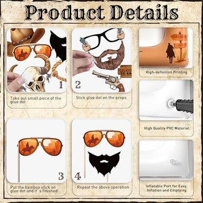 Western Cowboy Cowgirl Photo Booth Props Inflatable Frame, 30Pcs Wild West Photo Props with Large Inflatable Picture Frame for Country Rustic Cowboy Party Selfie Supplies - color: Western Cowboy