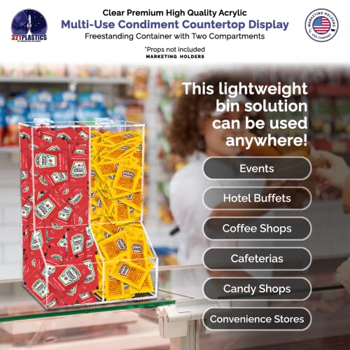 Marketing Holders Condiment Bin Double Compartment Sugar Packets and Wrapped Candy Caddy Clear Acrylic 8.5 Inch Wide by 12.25 Inch High Freestanding Tabletop Retail Stores and Container with Lid - size: Double Condiment Bin