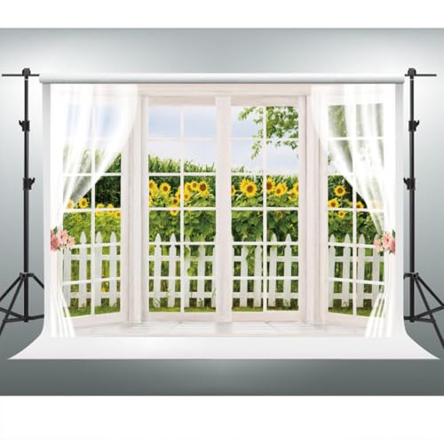 YongFoto 5x3ft Spring Window Scenery Backdrop Yellow Sunflower Rustic Wood Fence Countryside Garden Nature Landscape Girl Woman Birthday Party Wedding Kids Adults Portrait Photo Studio Props - color: Green 1, size: 5x3ft
