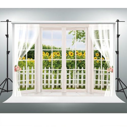 YongFoto 9x6ft Spring Window Scenery Backdrop Yellow Sunflower Rustic Wood Fence Countryside Garden Nature Landscape Girl Woman Birthday Party Wedding Kids Adults Portrait Photo Studio Props - color: Green 1, size: 9x6ft