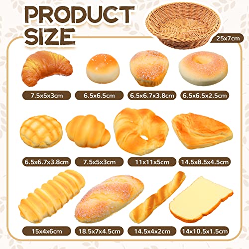 Chivao 13 Pcs Fake Bread with Basket Artificial Food for Display Photo Props Realistic Bread Toy Set Simulation French Loaf Faux Pastries Food Model for Bakery Home Kitchen Decoration(Bread) - style: Bread