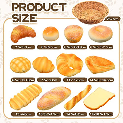 Chivao 13 Pcs Fake Bread with Basket Artificial Food for Display Photo Props Realistic Bread Toy Set Simulation French Loaf Faux Pastries Food Model for Bakery Home Kitchen Decoration(Bread) - style: Bread