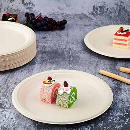 Vplus 150 Pack Compostable Disposable Paper Plates 10 inch Super Strong 100% Bagasse Natural Biodegradable Eco-Friendly Sugarcane Plates(nature) - color: Nature, style: 10 IN Round Plates
