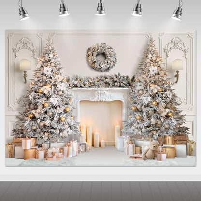 Mocsicka Classic Christmas Interior Room Photography Backdrop White Christmas Fireplace Photo Background Decorated Xmas Tree Family Kids Holiday Party Banner Decorations Photo Booth Props (10x8ft) - size: 10x8ft