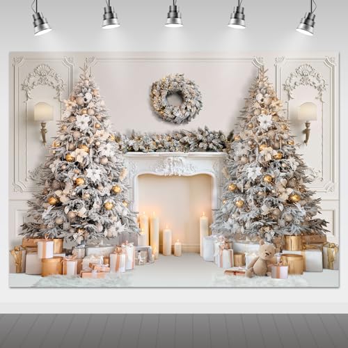 Mocsicka Classic Christmas Interior Room Photography Backdrop White Christmas Fireplace Photo Background Decorated Xmas Tree Family Kids Holiday Party Banner Decorations Photo Booth Props (10x8ft) - size: 10x8ft