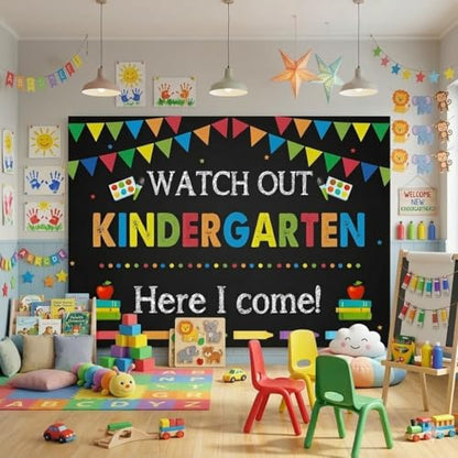 Kindergarten Graduation Back to School Backdrop 7x5ft Watch Out Here I Come First Day of School Preschool Kids Classroom Party Decoration Supplies Banner Photo Booth Studio Prop - size: 7x5