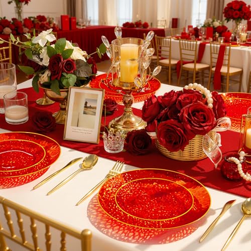 Rubtlamp 60 Pcs Red Plasitc Plates, Gold Red Disposable Plates, Fancy Party Plates, Hammered Plastic plates Include 30 Dessert Platos, 30 Dinner Platos for Party - color: Clear Red Gold