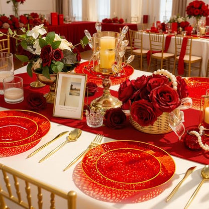 Rubtlamp 60 Pcs Red Plasitc Plates, Gold Red Disposable Plates, Fancy Party Plates, Hammered Plastic plates Include 30 Dessert Platos, 30 Dinner Platos for Party - color: Clear Red Gold